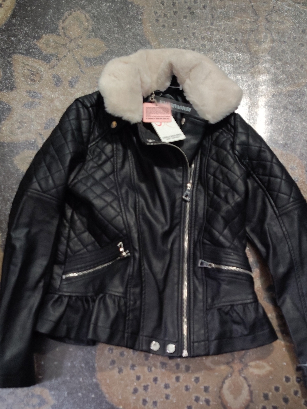 Nwt Urban Republic Black Quilted Faux-Leather Jacket- Cream Fur Collar14/16 $65
